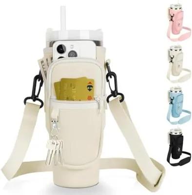 Produktbild von Tasche für Stanley Cup, 1.2L/40oz Stanley Cup Zubehör, Wasserflaschenhalter Stanley Cup Tasche Bag mit Handyfach, Karabiner und Verstellbarem Schultergurt Zum Reisen Wandern Laufen Radfahren, für Outdoor, Wandern, Sport, Reisen