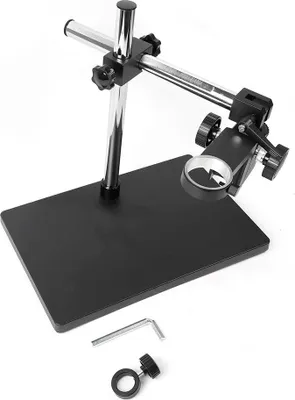 Obrázok produktu pre Stolný mikroskopický statív – nastaviteľný držiak – pre priemer 50 mm – výškové nastavenie do 32 cm – rozmery 38×26×32 cm – odolná zliatina – čierna farba