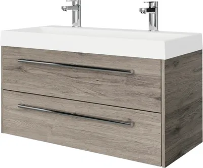 Produktbild von Pelipal Badmöbel-Set Milano BxHxT 100 x 56,9 x 45 cm Frontfarbe eiche sanremo mit Mineralguss-Waschtisch weiß SET-138-03