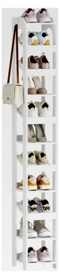 Produktbild von Vertikales Schuhregal mit 11 Ebenen, schmaler Schuhorganizer aus Holz für Schrank und Eingang, freistehend, verstellbar, mit Haken, 25 cm, Weiß