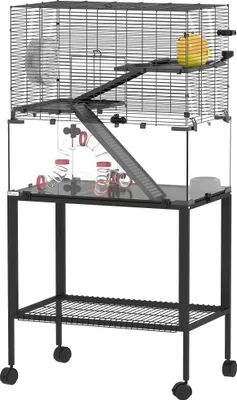 Produktbild von Hamsterkäfig, Kleintiergehege mit 3 Ebenen, Laufrad, Hütte, Plattformen, Rampen, Futterschale, Wasserflasche, Zubehör, Stahl, Kunststoff, Schwarz