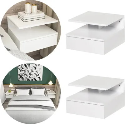 Produktbild von Zenzee Wandnachttisch, 2er set, Weiß, Wandschrank mit Schublade, Wandregal, 35 x 32 x 22,5 cm