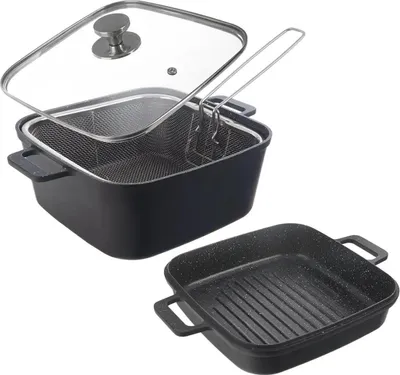 A black deep frying pan with a glass lid and a frying basket, and a separate black grill pan are shown against a white background.