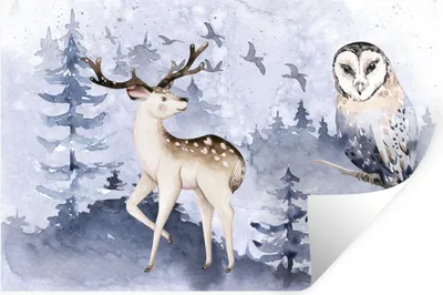 Produktbild von MuchoWow® Wandtattoo Wandsticker Wandaufkleber Winter - Wald - Eule - Hirsch 90x60 cm Selbstklebend und Repositionierbar - Aufkleber
