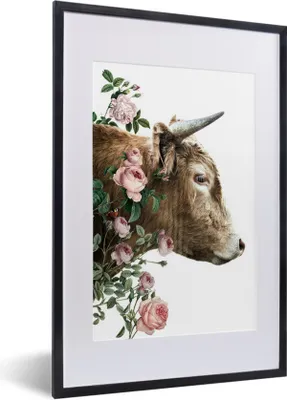 Produktbild von MuchoWow® MuchoWow® Gerahmtes Poster Schottisches Hochlandrind - Blumen - Rosa 40x60 cm - Poster mit zchwarzem Bilderrahmen - Poster in Rahmen