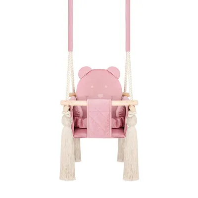 Produktbild von Indoor-Babyschaukel Rosa aus Velvet – Mit Sicherheitsgurten, Teddybär-Design, Holzrahmen – Hergestellt in der EU