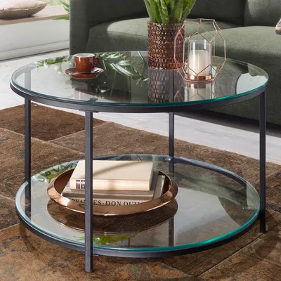 Zdjęcie produktu dla FineBuy stolik konferencyjny 80x80x45 cm szkło / metal okrągły stolik do salonu w nowoczesnym stylu | Stolik konferencyjny z miejscem do przechowywania | Stolik pomocniczy z miejscem do przechowywania