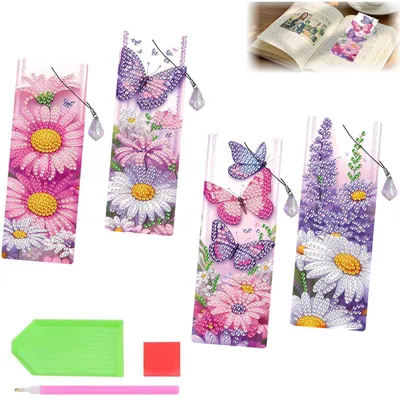 Productafbeelding van Set van 4 Diamond Painting bladwijzers, lavendelbloemen, vlinders, 5D, doe-het-zelf knutselset