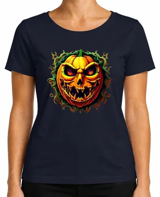 Imagen del producto de Camiseta de mujer con diseño de calabaza de Halloween, color azul marino, talla L
