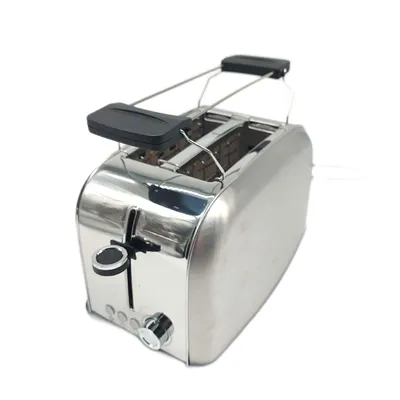 A stainless steel toaster with a black handle on a white background.