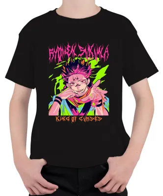 Imagen del producto de Camiseta uni para niños y adultos, diseño de Jujutsu Kaisen, con la imagen de Ryomen Sukuna, "Rey de las Maldiciones", estilo anime, color , talla 128
