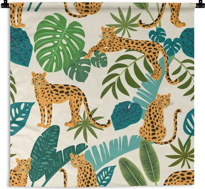 Produktbild von MuchoWow® Wandteppich Wandbehang Dschungel - Leopard - Pflanzen - Muster - Mädchen - Jungen 120x120 cm Tapisserie Dekoration Wandtuch - Modern - Baumwollgewebe