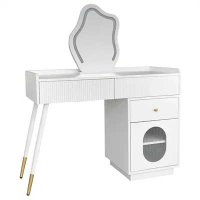 Immagine prodotto di Tavolino da toilette Sweiko con specchio e illuminazione a LED - Set da toilette bianco per la camera da letto con tre spaziosi cassetti e un'anta - Dimensioni: L100/H75/T40 cm(senza sgabello) (