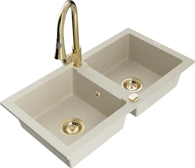 Produktbild von Mexen Mario 2-Becken-Granitspüle mit Mischbatterie Elia, Beige - 6504-69-670101-50