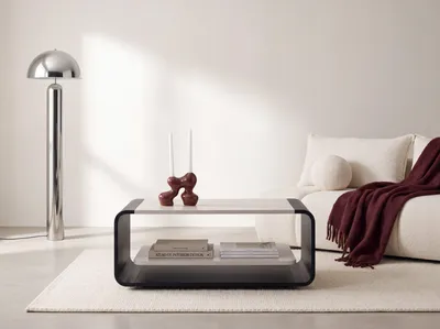 Produktbild von Couchtisch 100 x 50 cm mit Schwebender Ablage in Kaschmir – Moderner Wohnzimmertisch mit Abgerundetem Metallgestell in Schwarz & Versteckten Rollen – EU