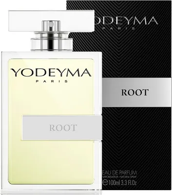 A bottle of Yodeyma Root Eau de Parfum for Men and its packaging.