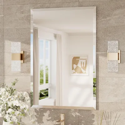 Image de Miroir de salle de bain rectangulaire, 60x90 cm, miroir mural sans cadre avec bords facettés