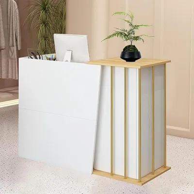 Productafbeelding van Receptiebalie, ontvangstbalie, receptietafel, verkoopbalie, bar, toonbank, winkel, ontvangstbalie, schoonheidssalon, kassa met open opbergruimte, wit, 120 cm