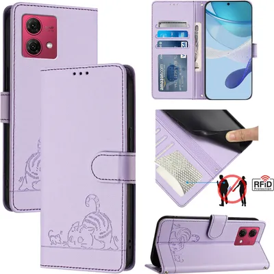 Produktbild von Leder Hülle für Motorola Moto G84 Süße Katze Flip Case Brieftasche Schutzhülle mit Standfunktion Lila
