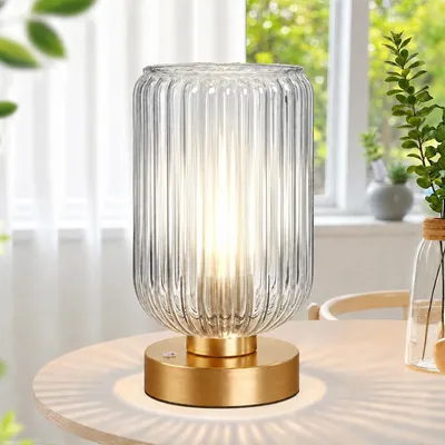Produktbild von Tischlampe Kabellose LED Tischleuchte aus Transparent Glas Wiederaufladbare Dimmbar Nachttischlampe für Schlafzimmer, Wohnzimmer