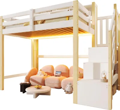 Produktbild von Hochbett mit RGB LED-Streifen, Stauraum, Lattenrost, Rausfallschutz und Regal, Treppe mit Regal, 90x200 cm, Kinderbett, Einzelbett, Kiefer