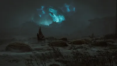 A dark, alien landscape with glowing blue formations in the sky and strange, bulbous objects in the foreground.