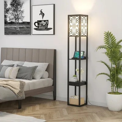 Obrázok produktu pre Stojacia lampa s policami a zásuvkou do obývacej izby spálne 26 x 26 x 160,5 cm čierna