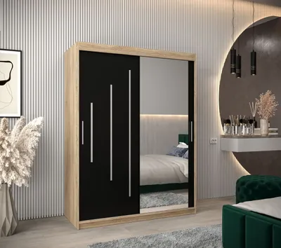 Produktbild von Kleiderschrank mit Spiegel ROZALIE – Breite 150 cm, Eiche sonoma / schwarz