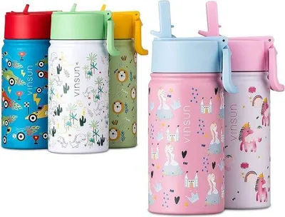 Produktbild von Famanu Trinkflasche für Kinder mit Strohhalm 350ml - Edelstahl, BPA-frei, auslaufsicher, wiederverwendbar - rosa