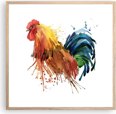 Produktbild von Gerahmtes Poster - Rahmen in heller Eiche - Hahn Ilustration Tier Farben - 60x60 cm - Wand Bild - Wanddeko - Wandbilder - Wandposter - Bilderrahmen - Bilder - Kunstdruck - Wandbild - P2NAC60x60-2842