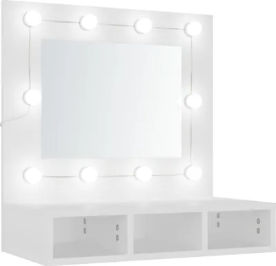 A white vanity mirror with LED lights and storage compartments.
