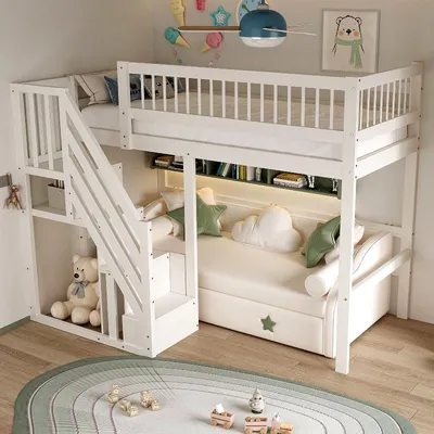 Productafbeelding van Hoogslaper 90x200 cm van massief hout met opbergtrap, kinderbed/tienerbed in wit voor kinderkamers