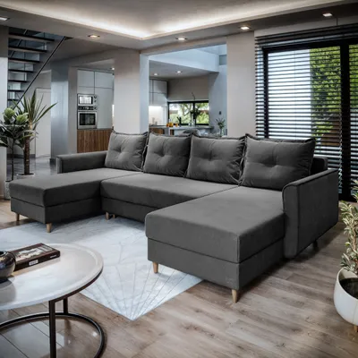 Zdjęcie produktu dla Masseno Narożnik VERNI z funkcją spania i pojemnikiem na pościel Kształt U, Rozkładana sofa, Rogówka - Szary, PAROS 06