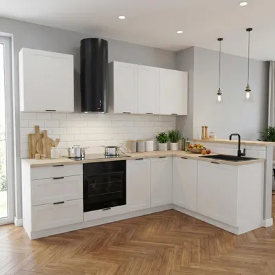 Produktbild von Küchenzeile - Küche L Form - 260x170 cm - Weiß Matt - mit beiger Arbeitsplatte - MDF - Küchenmöbel - Aluminiumgriffe - ADELE