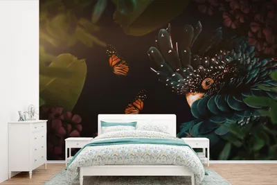 Produktbild von MuchoWow® Fototapete für Wohnzimmer oder Schlafzimmer Wandtapete Vinyl Motivtapete Dschungel - Vogel - Schmetterling - Blumen - 525x350 cm - Das Hintergrundbild