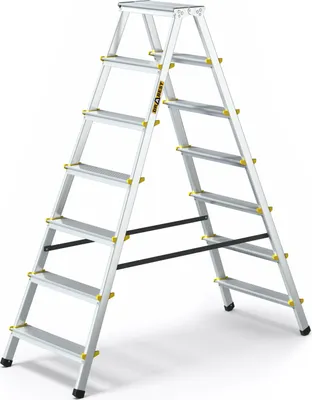 A silver, double-sided step ladder with yellow accents and black stabilizing bars.