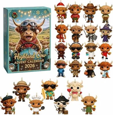 Produktbild von Highland Cow Adventskalender 2026, 24 Tage 3D Kuh Weihnachts Kalender (3D_A)