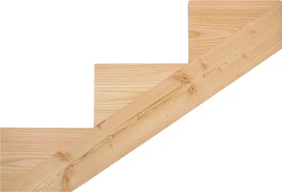 A close-up view of a wooden staircase stringer with three steps.