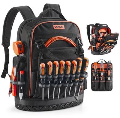 Produktbild von VEVOR Werkzeug-Rucksack, 56 Taschen, strapazierfähiger Werkzeugaufbewahrungsorganizer mit Laptopfach & geformtem Boden, Elektriker-Rucksack für Elektriker, Reparaturtechniker und HVAC-Techniker, Regulärer Typ, Ohne Werkzeuge