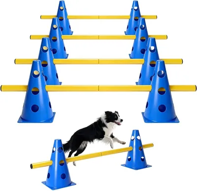Zdjęcie produktu dla Zestaw do agility dla psów - przeszkody do treningu psów - poprawa zwinności - regulowana wysokość - 8 pachołków, 8 tyczek - niebieski, żółty
