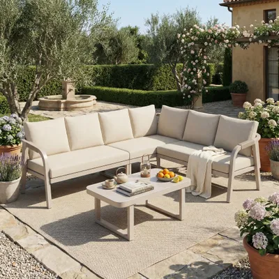 Immagine prodotto di Set di mobili da giardino Flieks a 6 posti, set da salotto da giardino con divano, cuscini e tavolo, set da giardino in vimini, beige