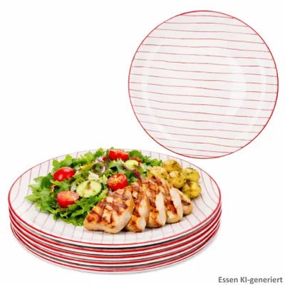 Zdjęcie produktu dla Zestaw 6 talerzy obiadowych w czerwone paski, ceramika Ø25,2 cm, białe talerze obiadowe