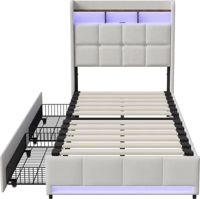Obrázek produktu pro Čalouněná postel Fortuna Lai 90x200 cm s USB, postel pro mládež, jednolůžko s roštem a 2 zásuvkami, úložný prostor s LED diodou, povlečení, béžová barva