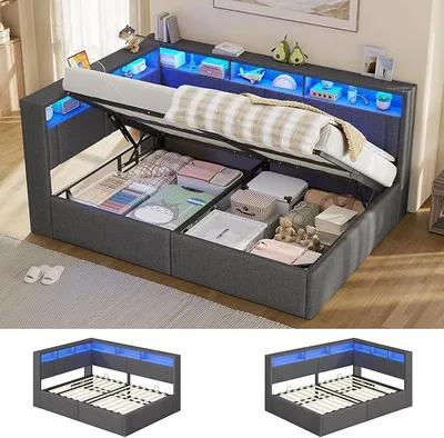 Imagen del producto de Sofá cama tapizado de 140x200 con sistema hidráulico, iluminación LED y puerto USB