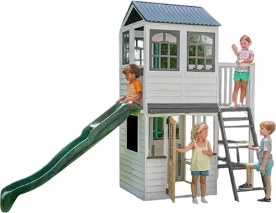 Produktbild von Holzspielanlage mit Rutsche, Schlafhütte und Balkon mit Waldblick