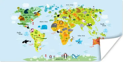 Produktbild von MuchoWow® Poster Weltkarte Kinder - Tiere - Farben 80x40 cm - Wanddeko