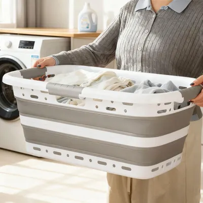 Produktbild von Faltbarer Wäschekorb 41L - Platzsparender Wäschesammler aus Kunststoff mit Belüftung - Ultraflach 8,5 cm für Waschküche & Camping