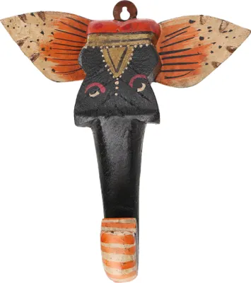 Produktbild von Handgeschnitzter Wandhaken Elefant aus Holz, Kleiderhaken, Garderobenhaken - Elefant, Schwarz, 16*15*4 cm, Wandhaken aus Holz, Metall & Keramik