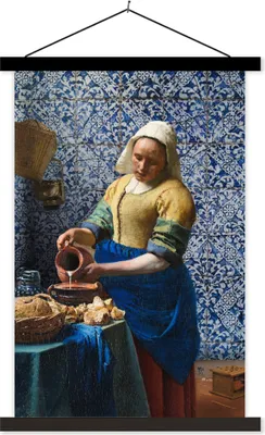 Produktbild von MuchoWow® Textilposter Milchmädchen - Delfter Blau - Vermeer - Gemälde - Alte Meister 120x180 cm mit schwarzem Rahmen - Fotos