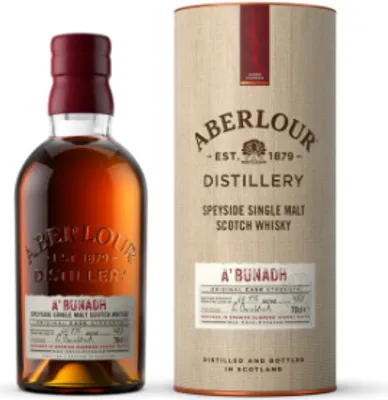 A bottle of Aberlour A'bunadh Scotch Whisky and its cylindrical packaging are shown against a white background.